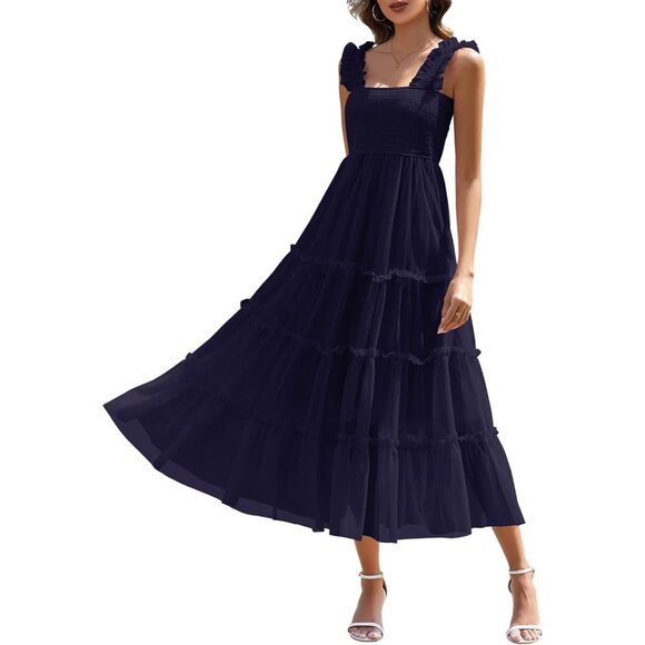 Dresses & Skirts - Women's Summer Midi Dress Tulle Flowy Smocked Square Neck Ruffle